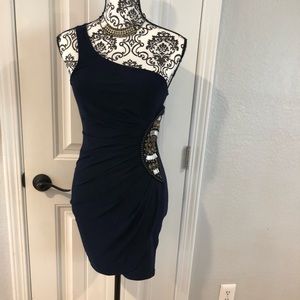 Beautiful navy blue one shoulder cocktail dress.